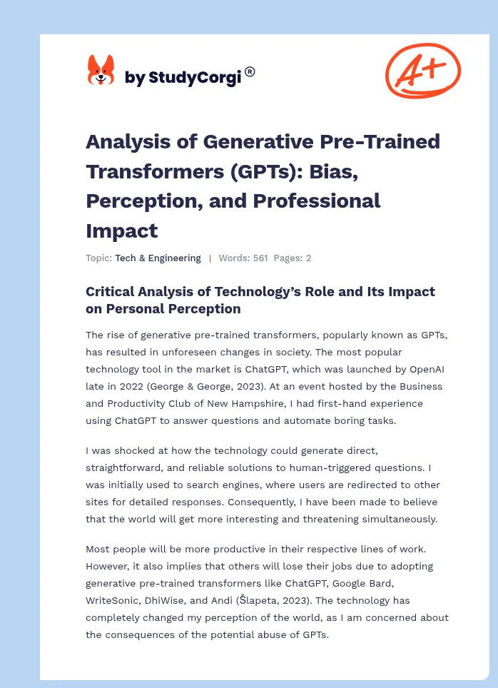 Analysis of Generative Pre-Trained Transformers (GPTs): Bias, Perception, and Professional Impact. Page 1