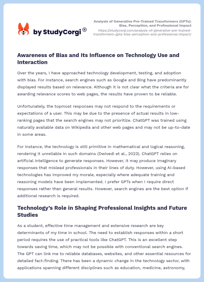 Analysis of Generative Pre-Trained Transformers (GPTs): Bias, Perception, and Professional Impact. Page 2