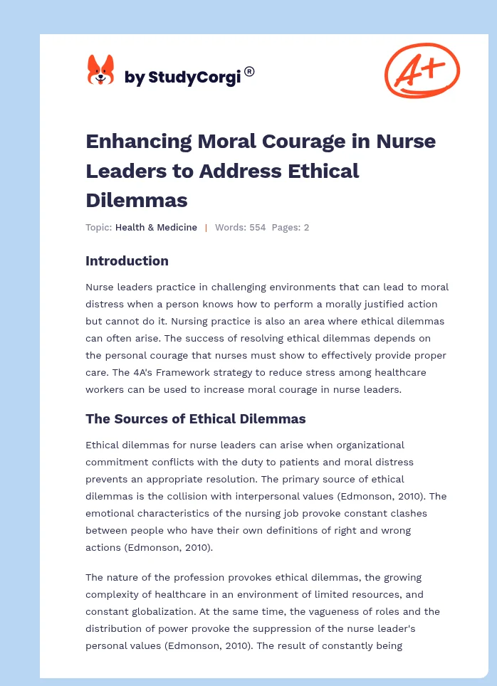 Enhancing Moral Courage in Nurse Leaders to Address Ethical Dilemmas. Page 1