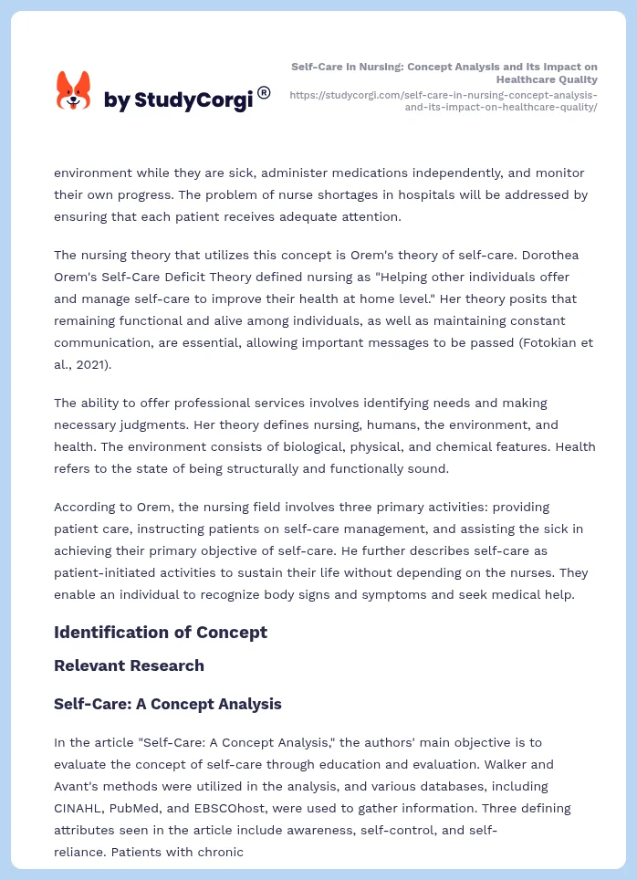 Self-Care in Nursing: Concept Analysis and Its Impact on Healthcare Quality. Page 2