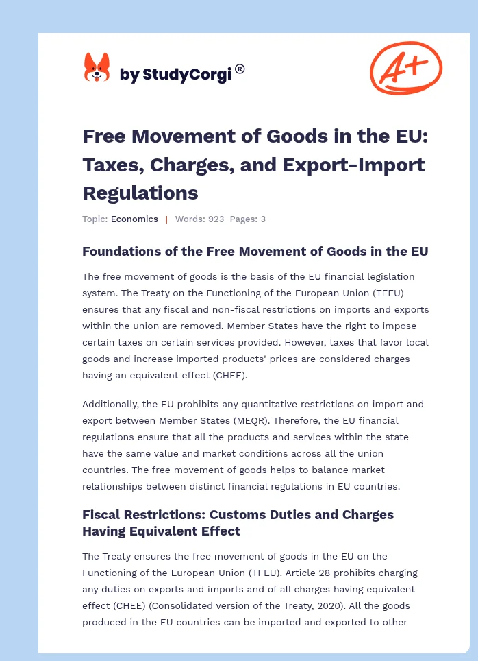 Free Movement of Goods in the EU: Taxes, Charges, and Export-Import Regulations. Page 1