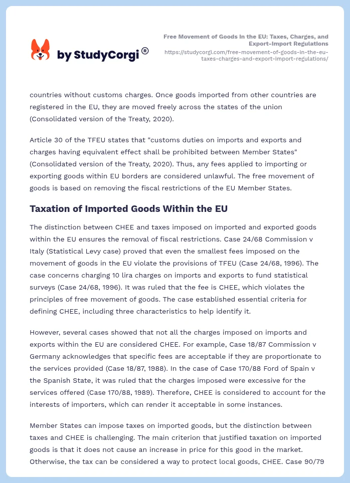 Free Movement of Goods in the EU: Taxes, Charges, and Export-Import Regulations. Page 2