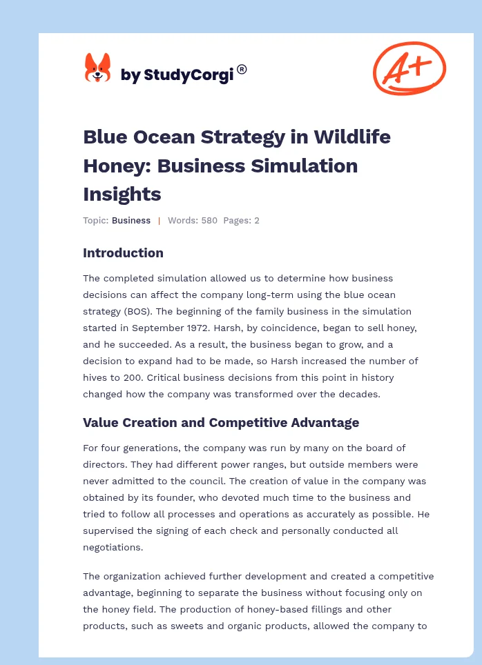 Blue Ocean Strategy in Wildlife Honey: Business Simulation Insights. Page 1