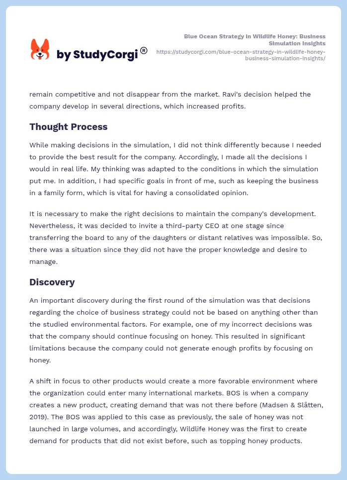 Blue Ocean Strategy in Wildlife Honey: Business Simulation Insights. Page 2