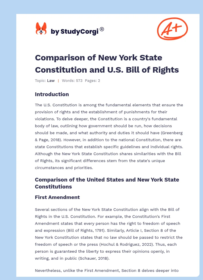Comparison of New York State Constitution and U.S. Bill of Rights. Page 1