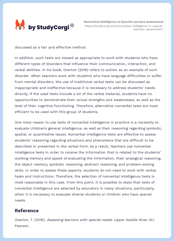 Nonverbal Intelligence in Special Learners Assessment. Page 2