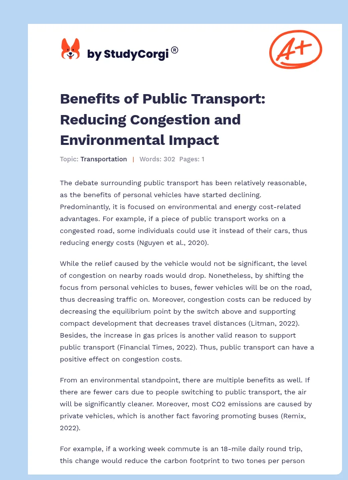 Benefits of Public Transport: Reducing Congestion and Environmental Impact. Page 1