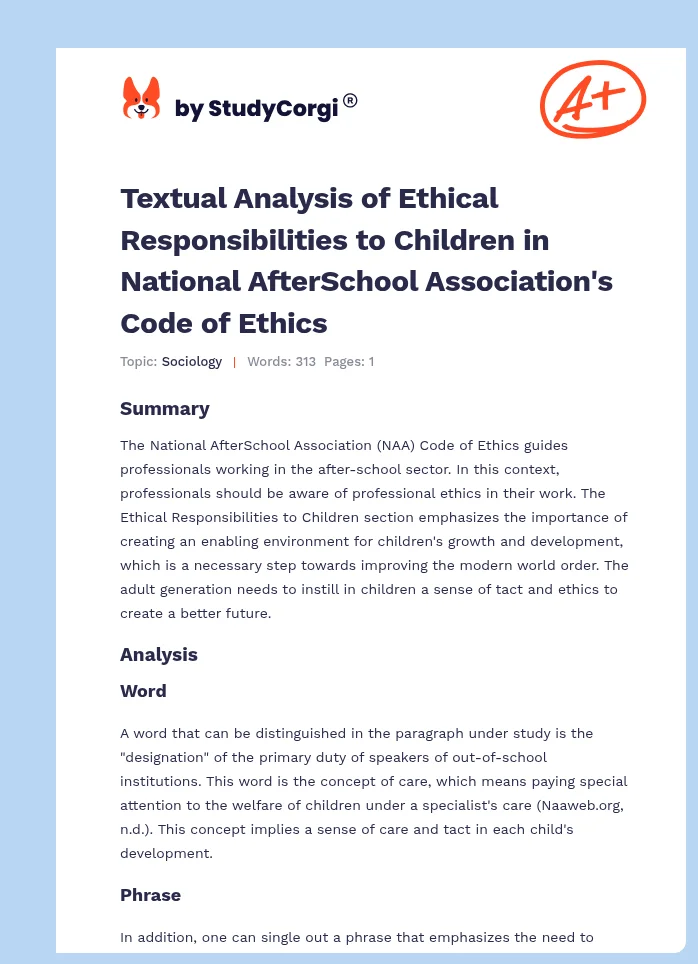 Textual Analysis of Ethical Responsibilities to Children in National AfterSchool Association's Code of Ethics. Page 1
