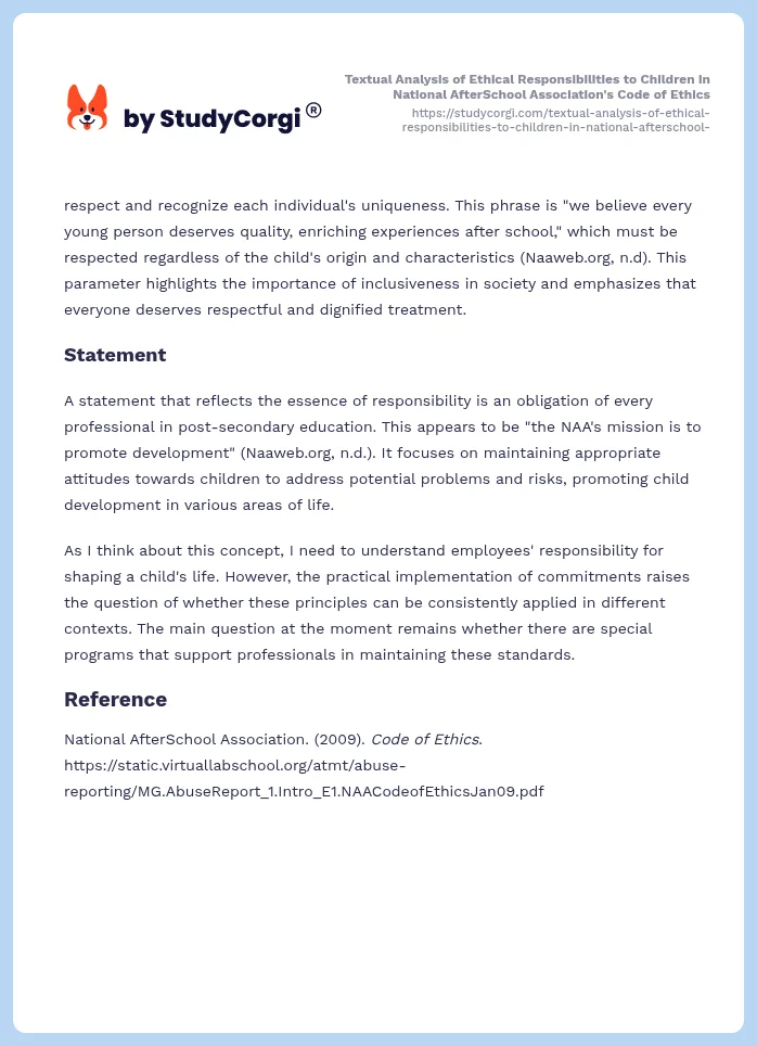 Textual Analysis of Ethical Responsibilities to Children in National AfterSchool Association's Code of Ethics. Page 2