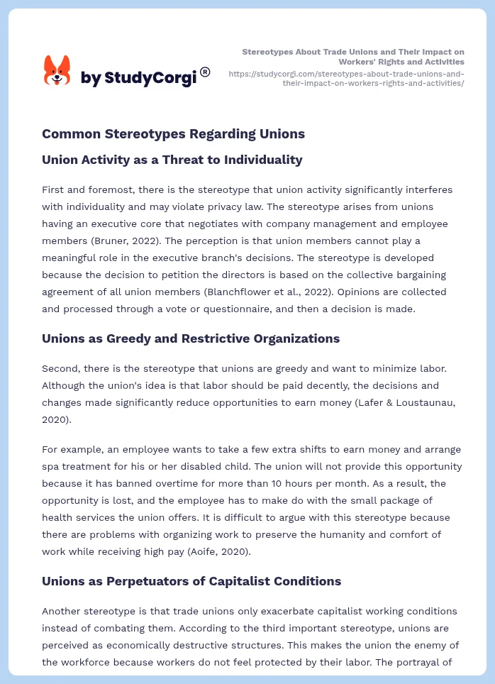Stereotypes About Trade Unions and Their Impact on Workers' Rights and Activities. Page 2