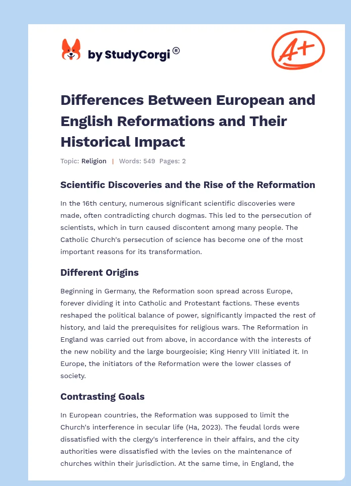 Differences Between European and English Reformations and Their Historical Impact. Page 1