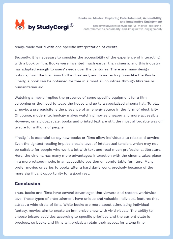 Books vs. Movies: Exploring Entertainment, Accessibility, and Imaginative Engagement. Page 2