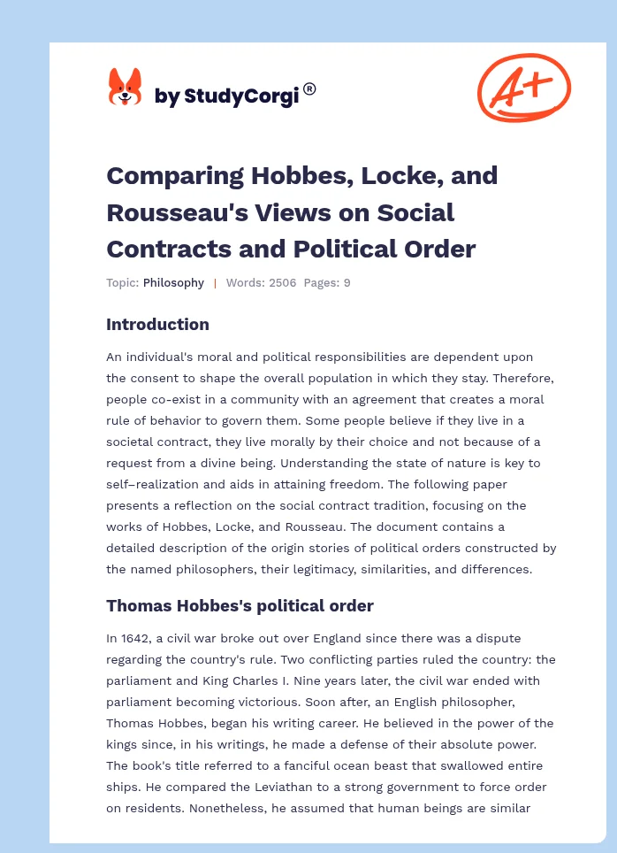 Comparing Hobbes, Locke, and Rousseau's Views on Social Contracts and Political Order. Page 1