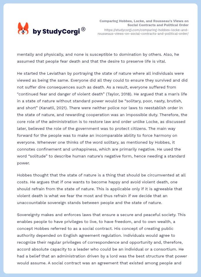 Comparing Hobbes, Locke, and Rousseau's Views on Social Contracts and Political Order. Page 2