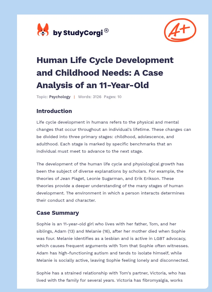 Human Life Cycle Development and Childhood Needs: A Case Analysis of an 11-Year-Old. Page 1