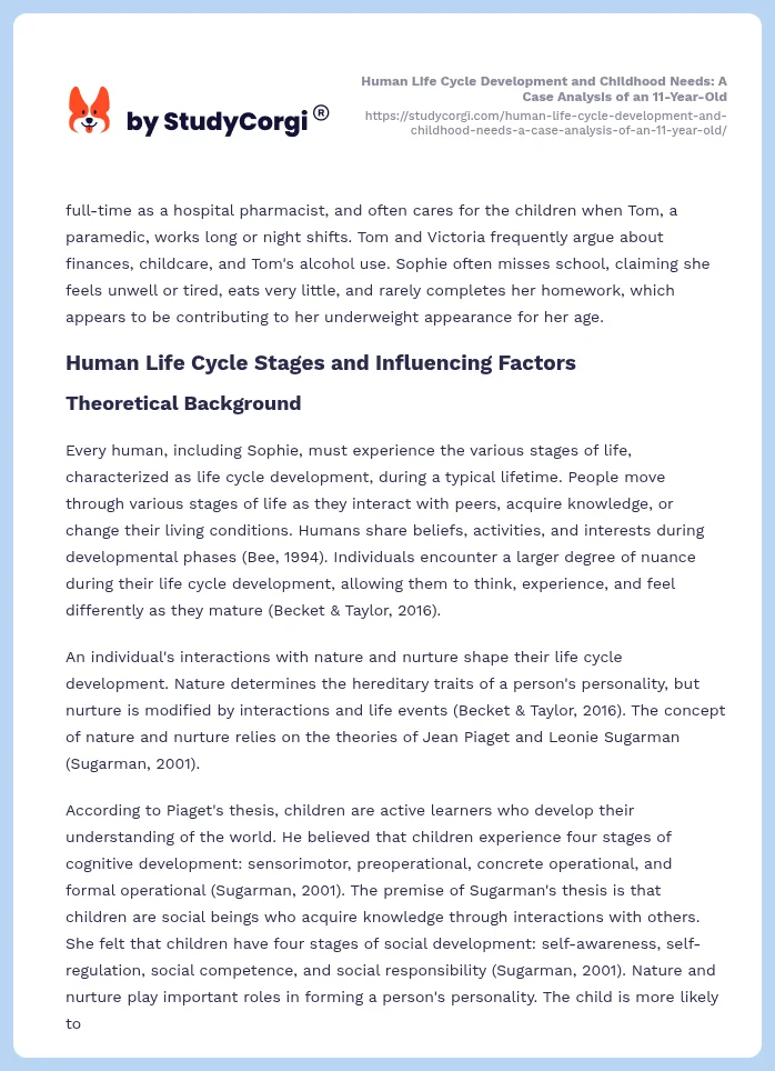 Human Life Cycle Development and Childhood Needs: A Case Analysis of an 11-Year-Old. Page 2