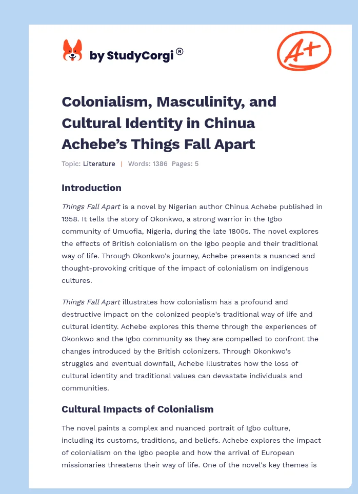 Colonialism, Masculinity, and Cultural Identity in Chinua Achebe’s Things Fall Apart. Page 1