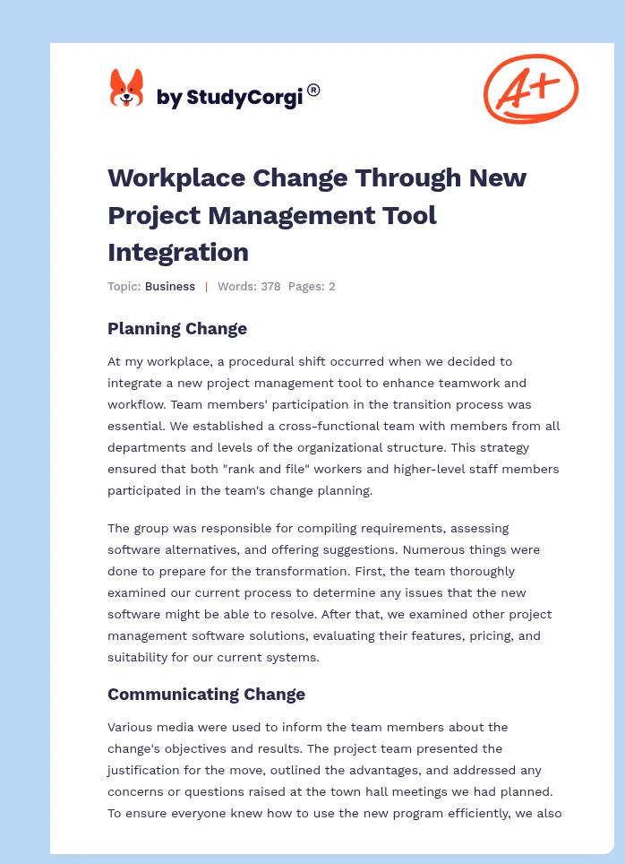 Workplace Change Through New Project Management Tool Integration. Page 1