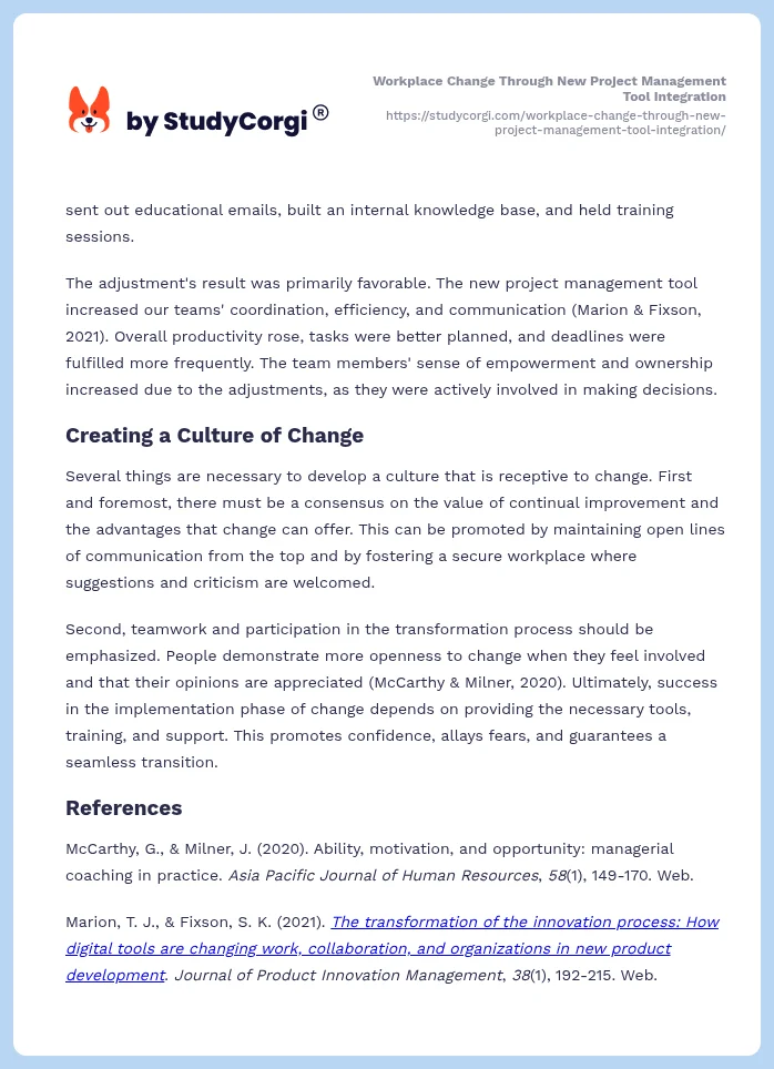 Workplace Change Through New Project Management Tool Integration. Page 2