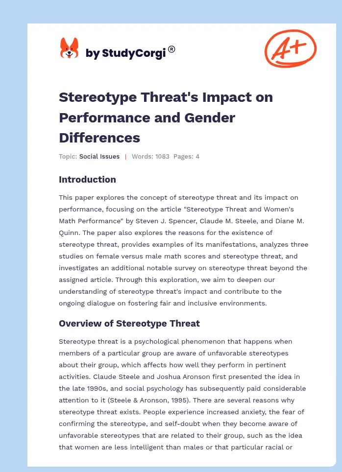 Stereotype Threat's Impact on Performance and Gender Differences. Page 1