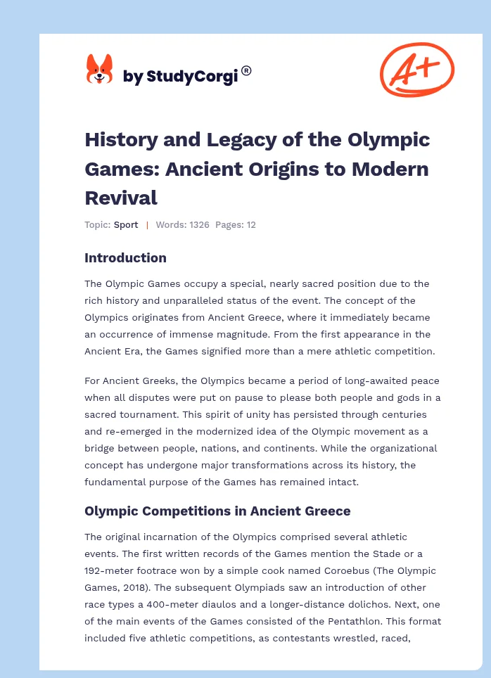 History and Legacy of the Olympic Games: Ancient Origins to Modern Revival. Page 1