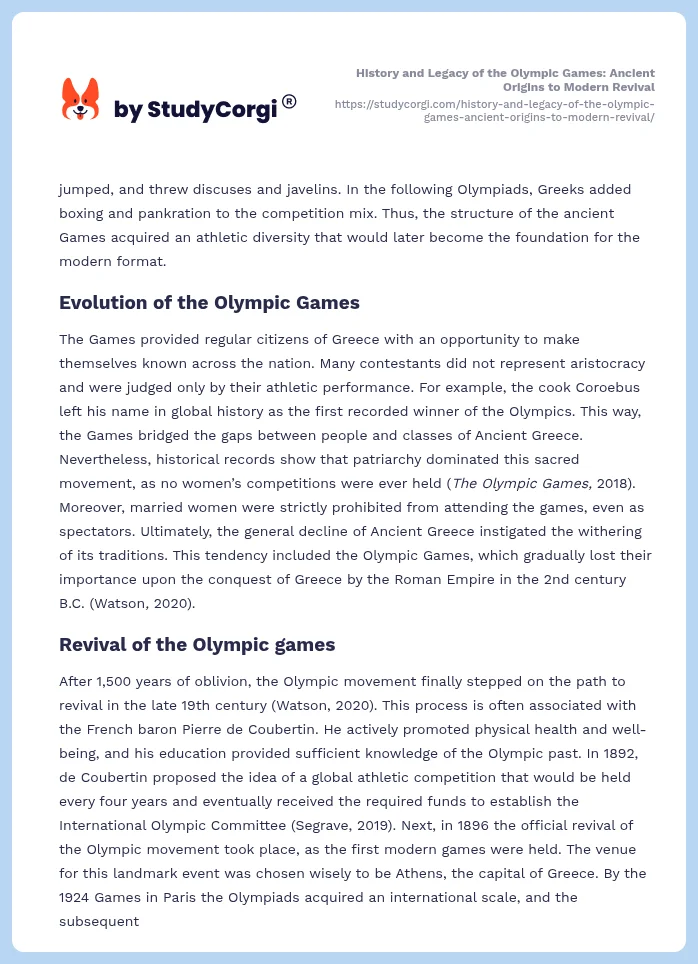 History and Legacy of the Olympic Games: Ancient Origins to Modern Revival. Page 2