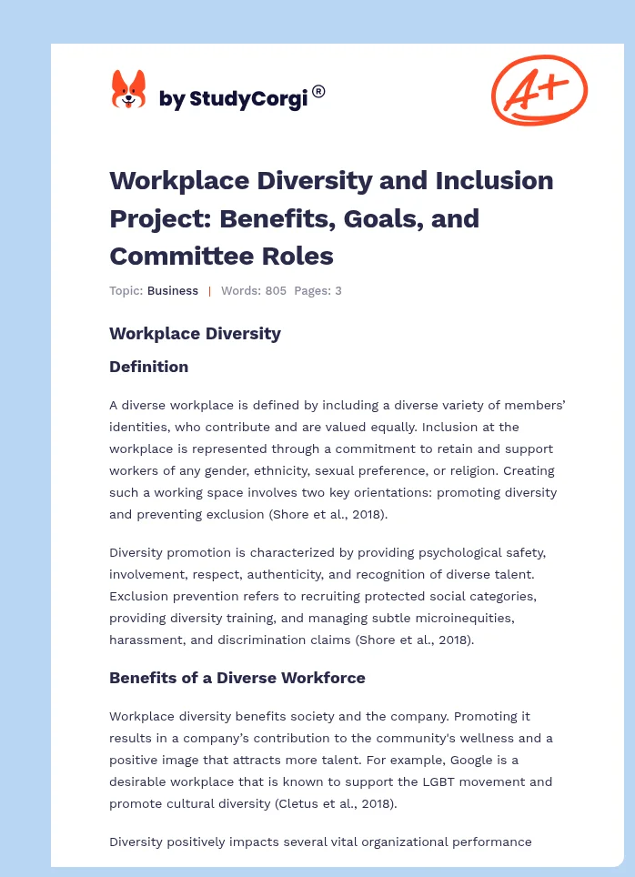 Workplace Diversity and Inclusion Project: Benefits, Goals, and Committee Roles. Page 1