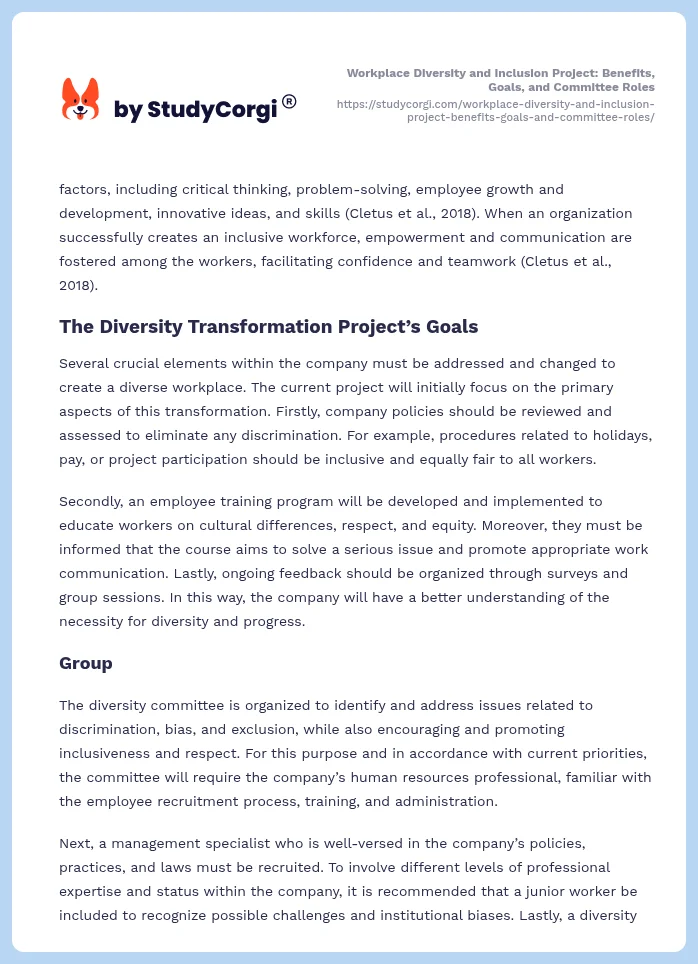 Workplace Diversity and Inclusion Project: Benefits, Goals, and Committee Roles. Page 2