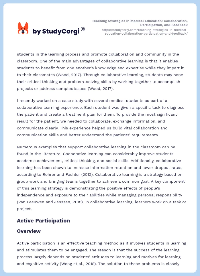 Teaching Strategies in Medical Education: Collaboration, Participation, and Feedback. Page 2