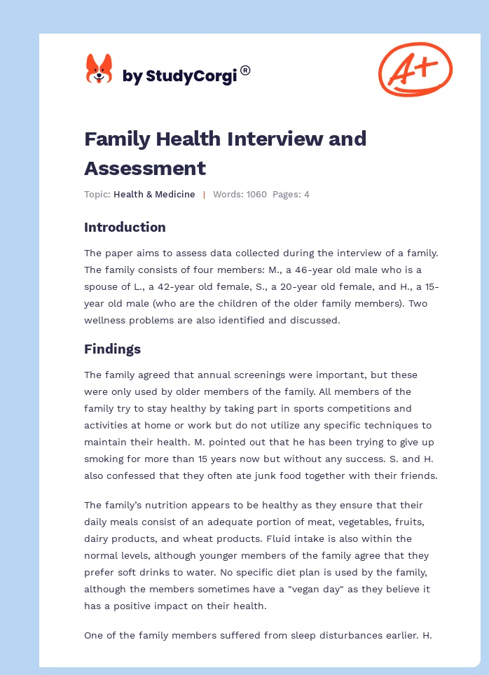 Family Health Interview and Assessment. Page 1