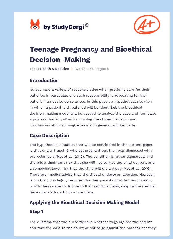 Teenage Pregnancy and Bioethical Decision-Making. Page 1