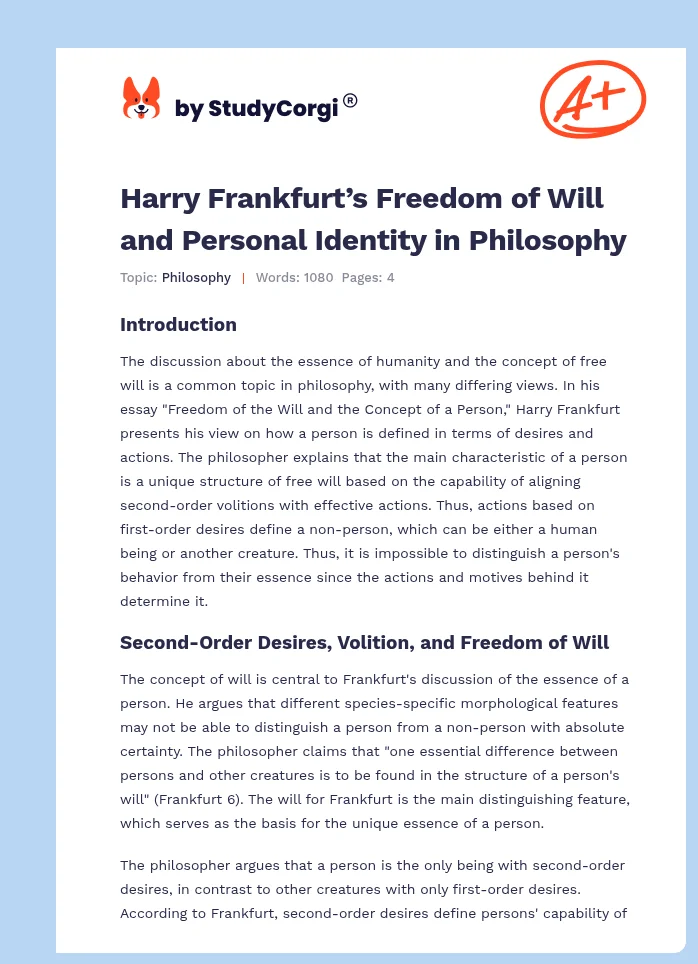 Harry Frankfurt’s Freedom of Will and Personal Identity in Philosophy. Page 1