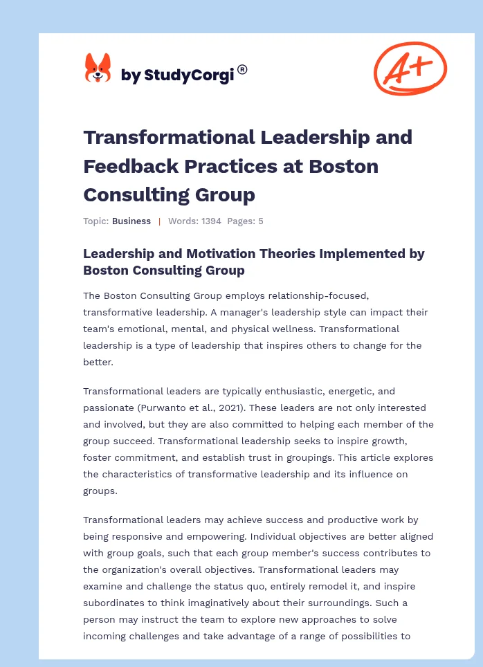 Transformational Leadership and Feedback Practices at Boston Consulting Group. Page 1