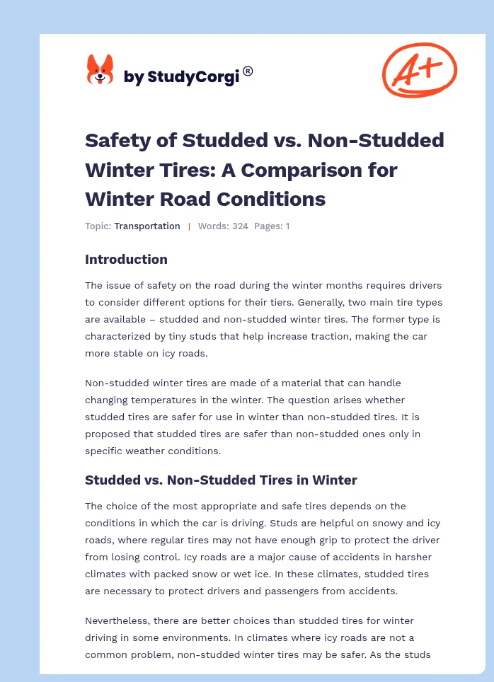 Safety of Studded vs. Non-Studded Winter Tires: A Comparison for Winter Road Conditions. Page 1