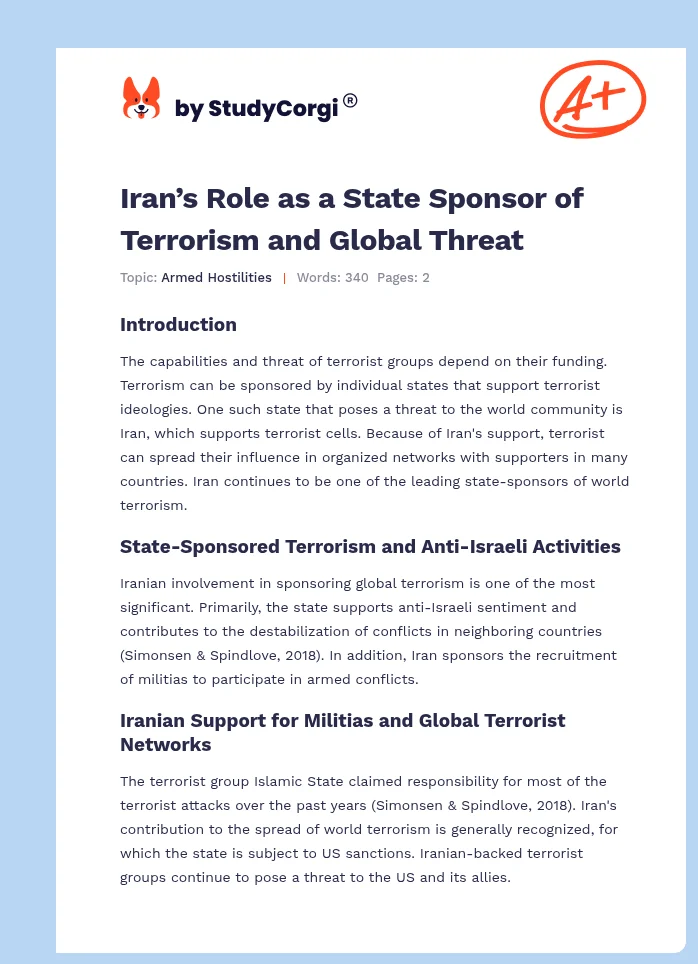 Iran’s Role as a State Sponsor of Terrorism and Global Threat. Page 1