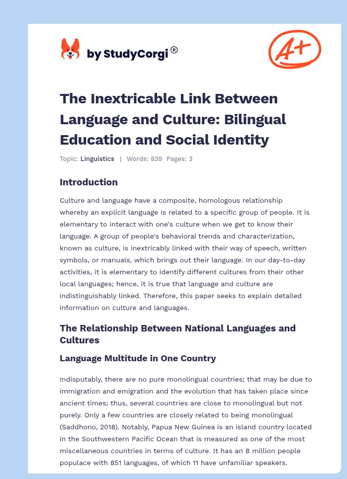 The Inextricable Link Between Language and Culture: Bilingual Education and Social Identity. Page 1