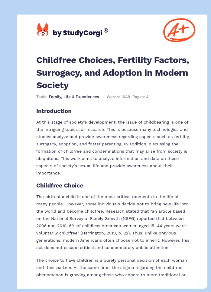 Childfree Choices, Fertility Factors, Surrogacy, and Adoption in Modern Society. Page 1