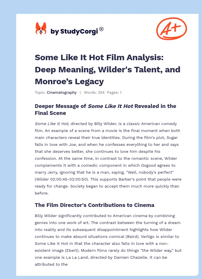 Some Like It Hot Film Analysis: Deep Meaning, Wilder's Talent, and Monroe’s Legacy. Page 1