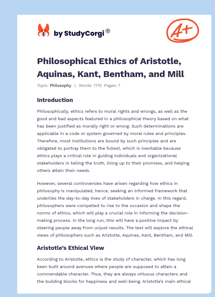 Philosophical Ethics of Aristotle, Aquinas, Kant, Bentham, and Mill. Page 1