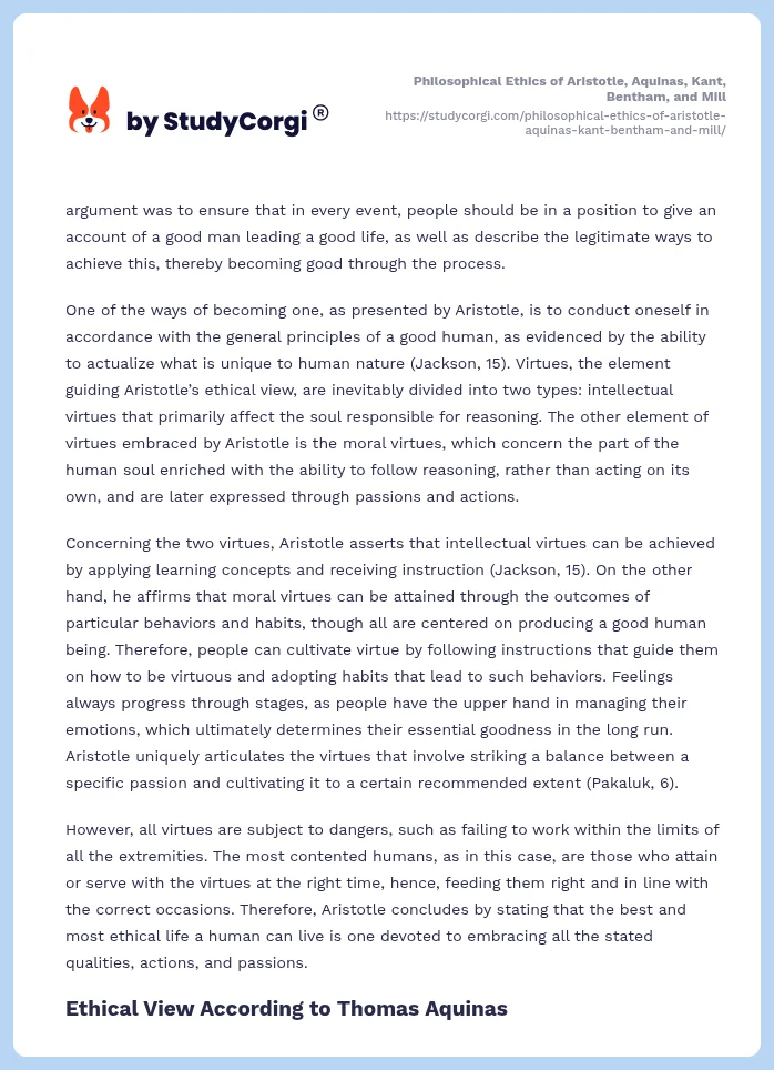 Philosophical Ethics of Aristotle, Aquinas, Kant, Bentham, and Mill. Page 2