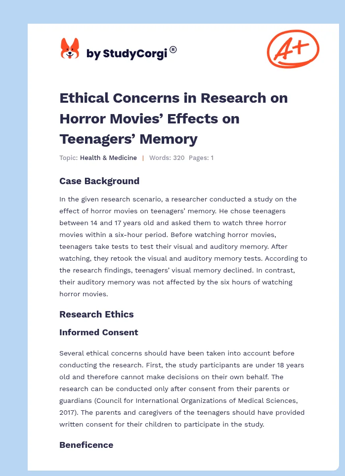 Ethical Concerns in Research on Horror Movies’ Effects on Teenagers’ Memory. Page 1