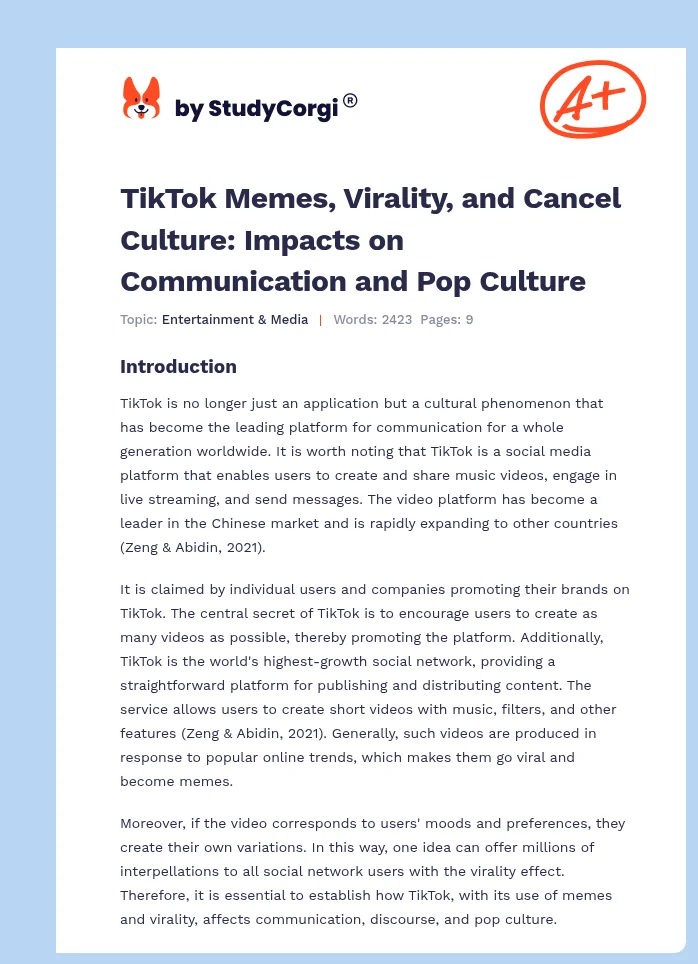 TikTok Memes, Virality, and Cancel Culture: Impacts on Communication and Pop Culture. Page 1