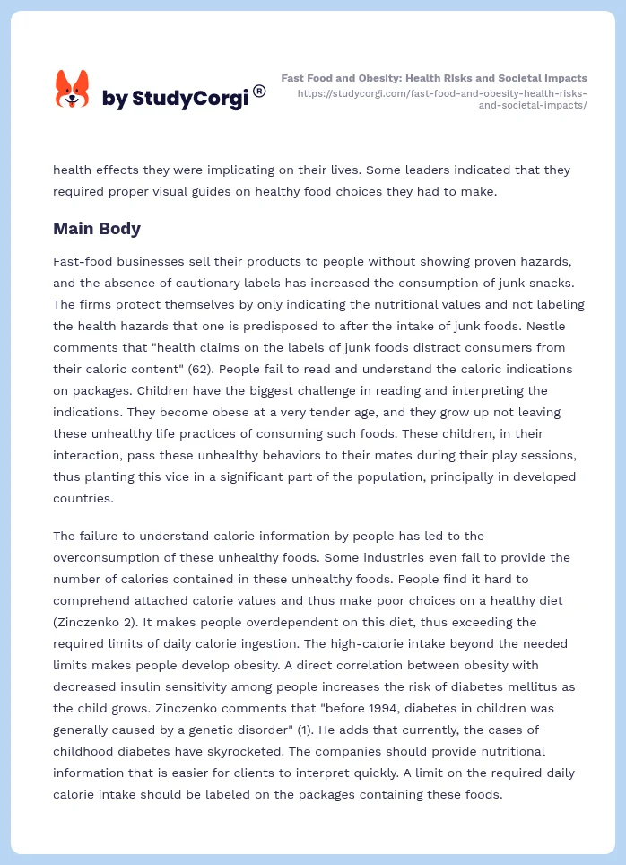 Fast Food and Obesity: Health Risks and Societal Impacts. Page 2