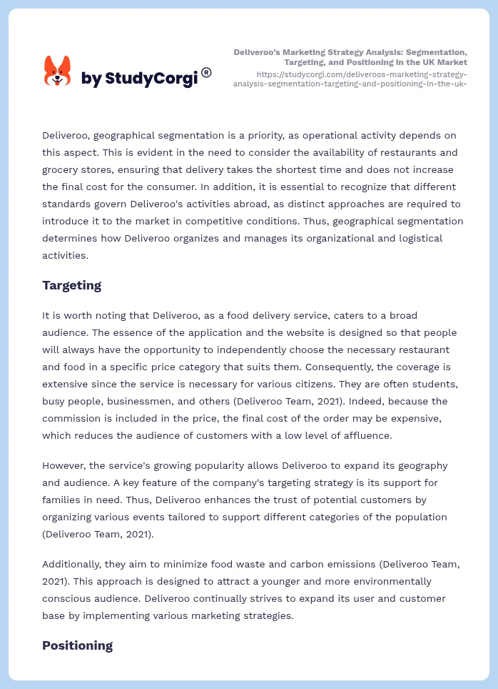 Deliveroo’s Marketing Strategy Analysis: Segmentation, Targeting, and Positioning in the UK Market. Page 2