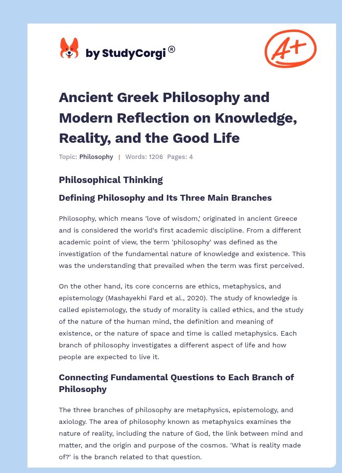 Ancient Greek Philosophy and Modern Reflection on Knowledge, Reality, and the Good Life. Page 1