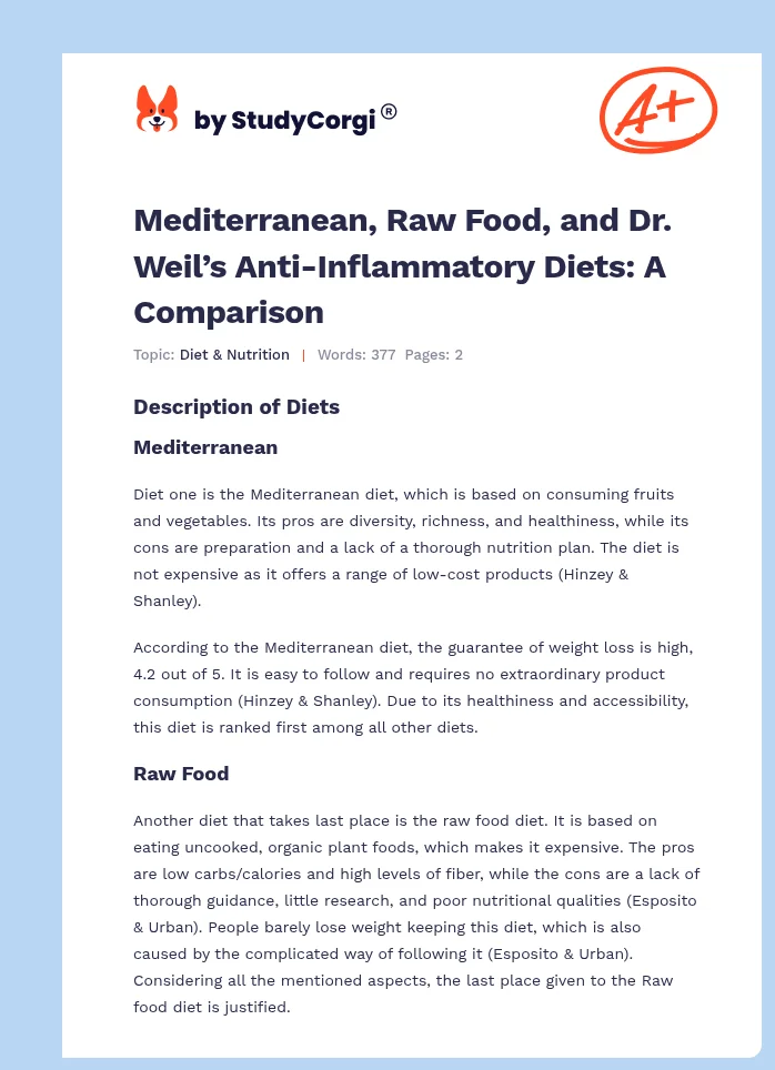 Mediterranean, Raw Food, and Dr. Weil’s Anti-Inflammatory Diets: A Comparison. Page 1