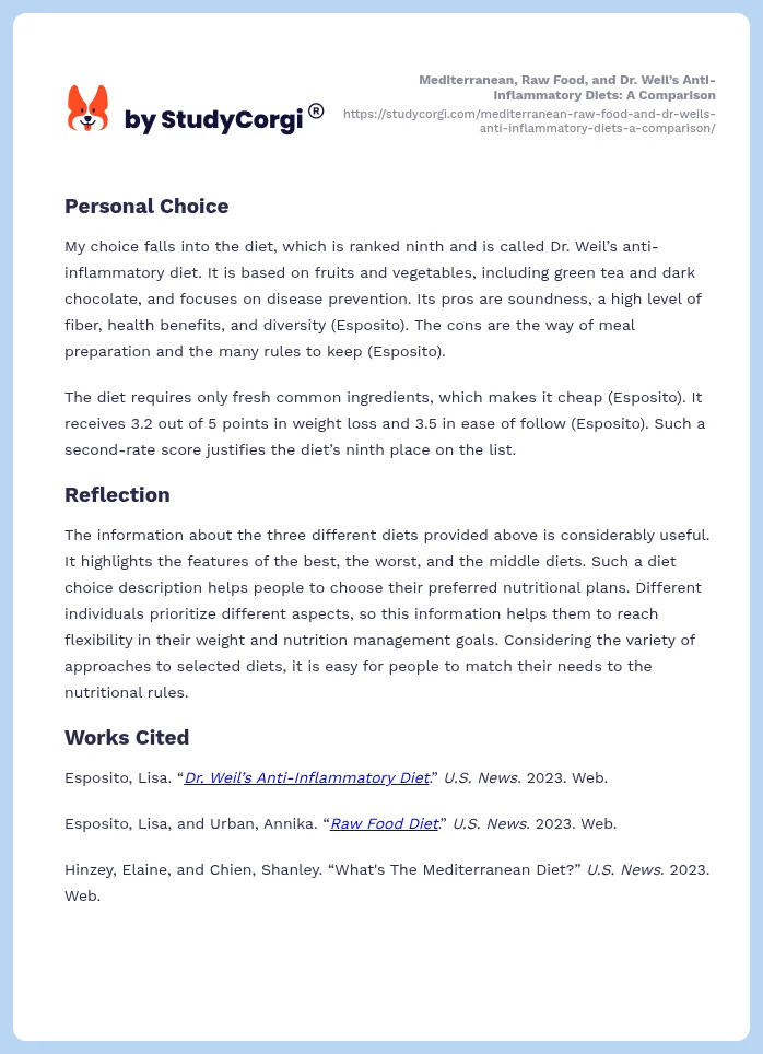 Mediterranean, Raw Food, and Dr. Weil’s Anti-Inflammatory Diets: A Comparison. Page 2