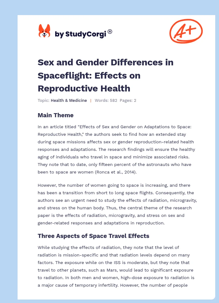 Sex and Gender Differences in Spaceflight: Effects on Reproductive Health. Page 1