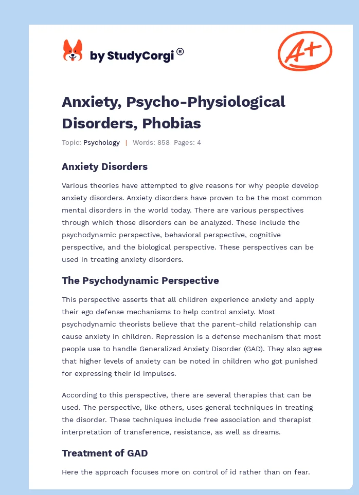 Anxiety, Psycho-Physiological Disorders, Phobias. Page 1