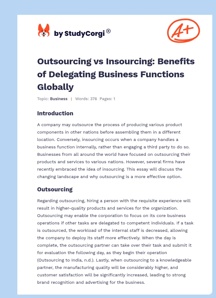 Outsourcing vs Insourcing: Benefits of Delegating Business Functions Globally. Page 1